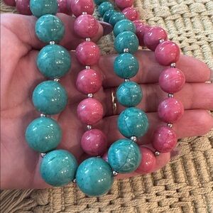 2 Vintage teal and pink with Metal Glow Bead Necklaces